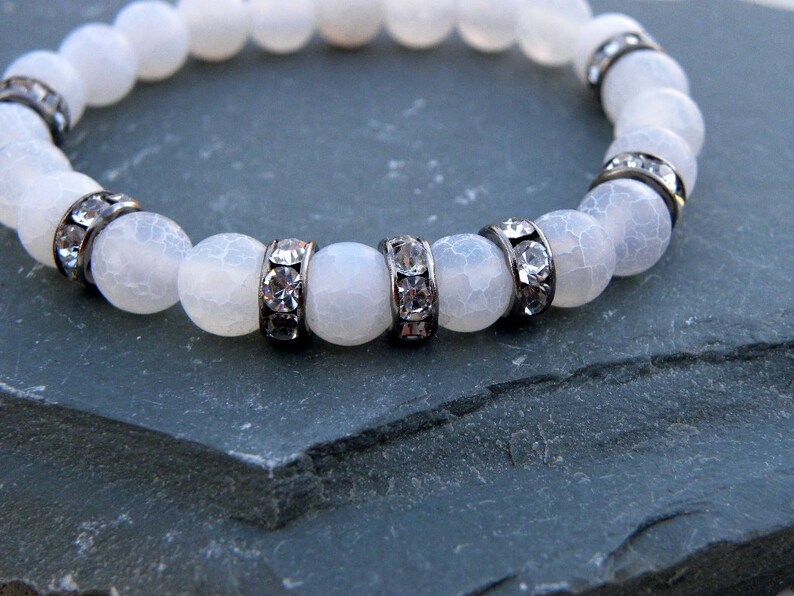 Gemstone Bead Bracelet White Frosted Agate Pave Crystal Elastic Stacking Sterling Silver Black and White image 4