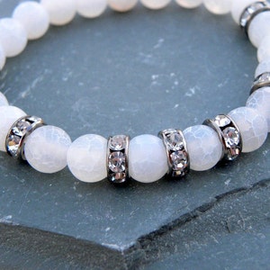 Gemstone Bead Bracelet White Frosted Agate Pave Crystal Elastic Stacking Sterling Silver Black and White image 5