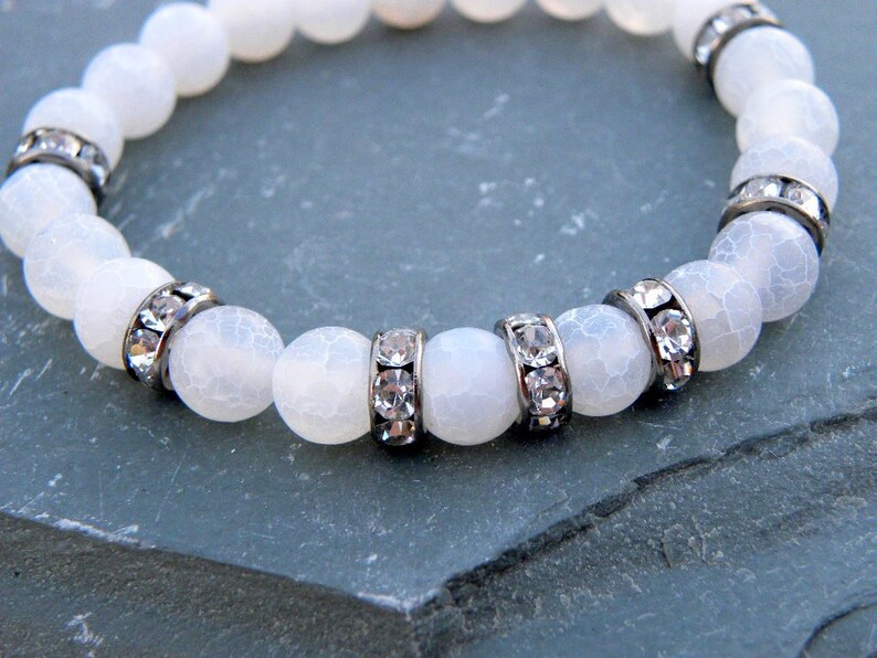 Gemstone Bead Bracelet White Frosted Agate Pave Crystal Elastic Stacking Sterling Silver Black and White image 5