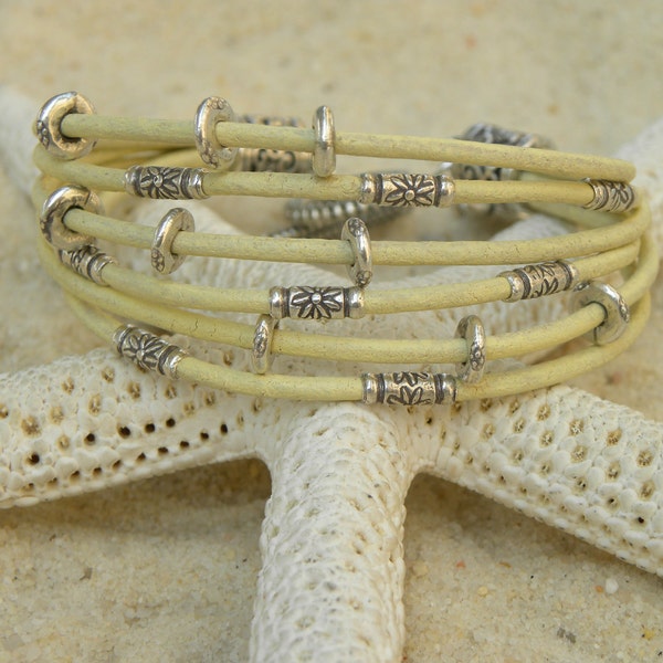 Reserved for Sue - Pale Yellow Leather and Silver Bracelet