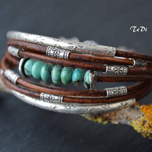 Turquoise Bracelet Chocolate Brown Leather and Sterling Silver Handcrafted Multiple Strands Bangle image 10