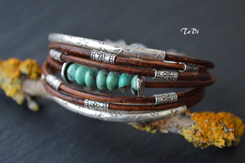 Turquoise Bracelet Chocolate Brown Leather and Sterling Silver Handcrafted Multiple Strands Bangle image 10