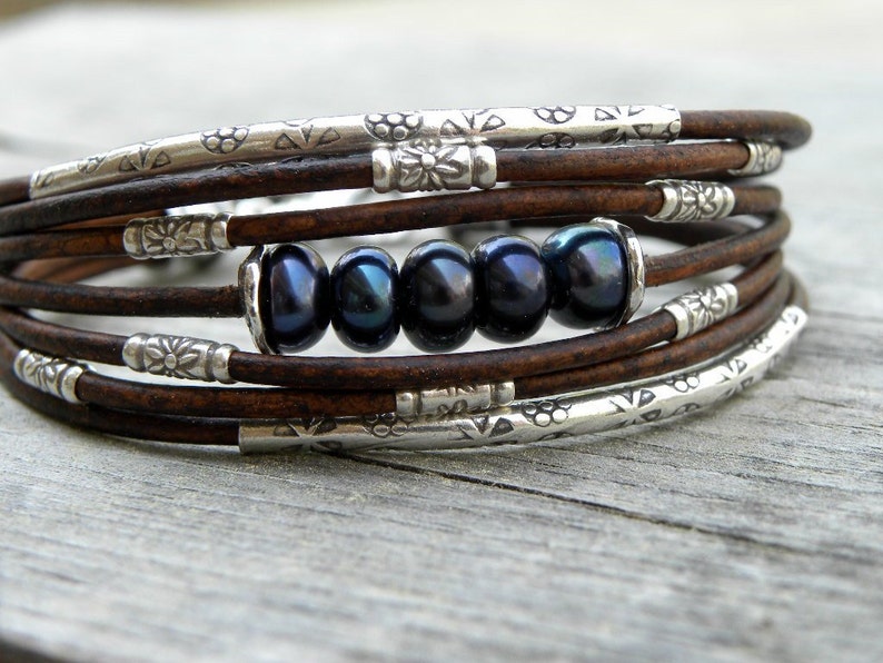 Black Pearls Leather and Sterling Silver Bracelet
