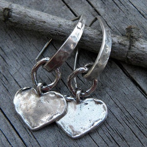 Artisan Raw Sterling Silver Heart Earrings Handcrafted Textured Organic Urban Modern Rustic Unique OOAK image 1