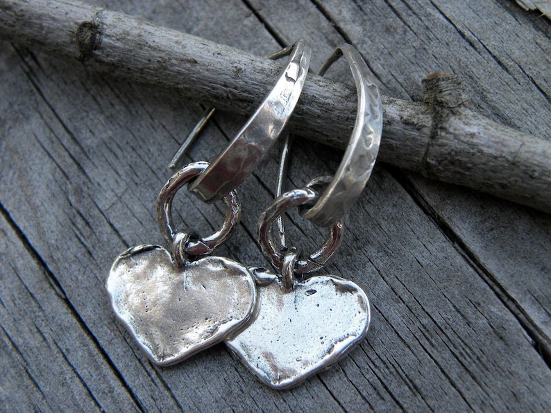 Artisan Raw Sterling Silver Heart Earrings Handcrafted Textured Organic Urban Modern Rustic Unique OOAK image 1