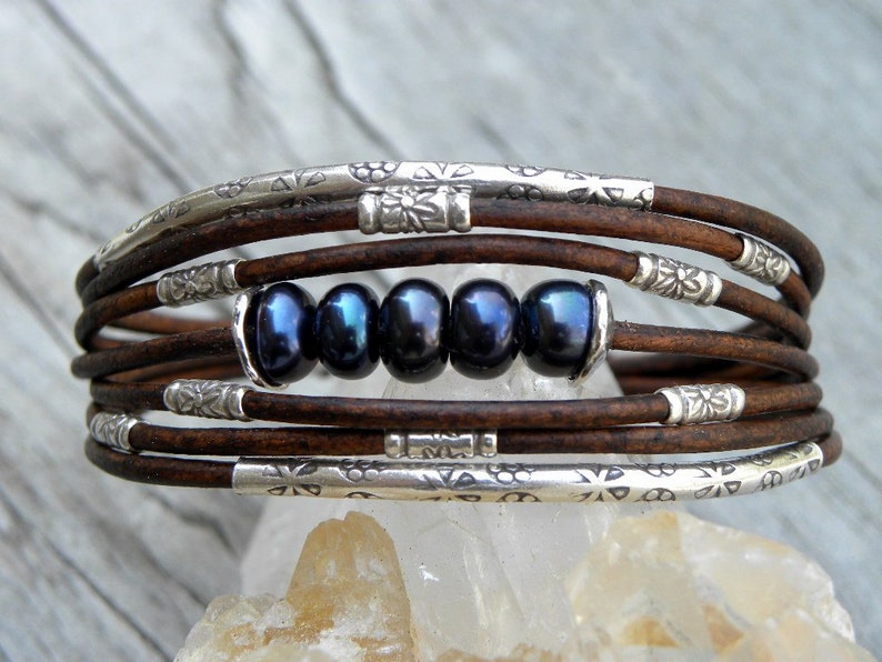 Black Pearls Leather and Sterling Silver Bracelet