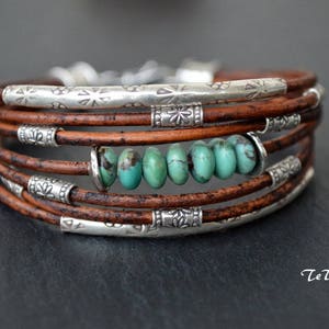 Turquoise Bracelet Chocolate Brown Leather and Sterling Silver Handcrafted Multiple Strands Bangle image 5