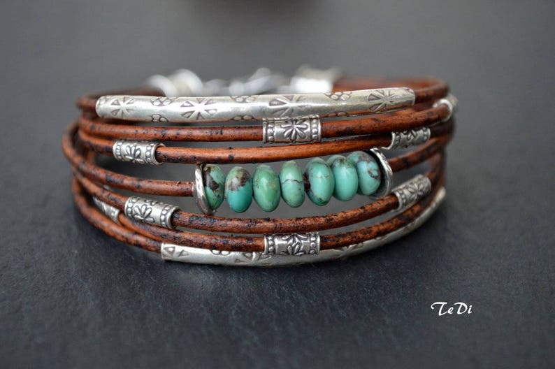 Turquoise Bracelet Chocolate Brown Leather and Sterling Silver Handcrafted Multiple Strands Bangle image 5