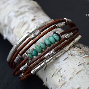 Turquoise Bracelet Chocolate Brown Leather and Sterling Silver Handcrafted Multiple Strands Bangle image 8