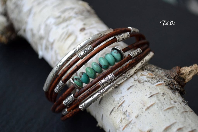 Turquoise Bracelet Chocolate Brown Leather and Sterling Silver Handcrafted Multiple Strands Bangle image 8