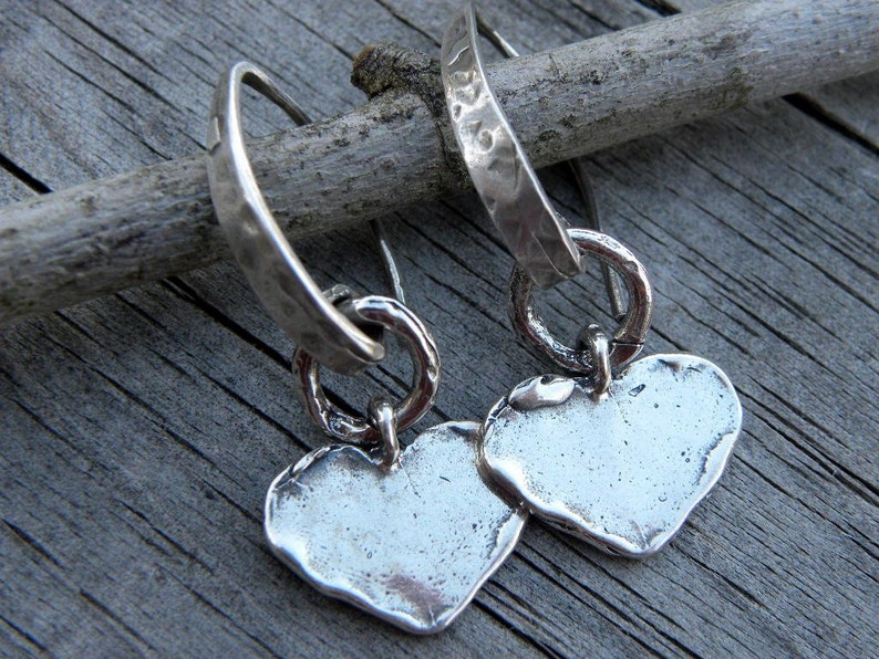 Artisan Raw Sterling Silver Heart Earrings Handcrafted Textured Organic Urban Modern Rustic Unique OOAK image 2