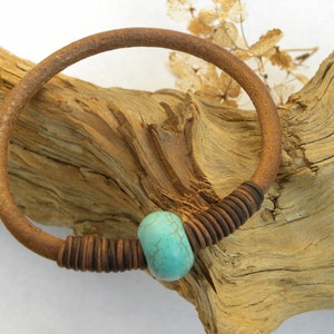 Leather and Turquoise Bangle Bracelet Modern Country Beach Summer Urban image 1