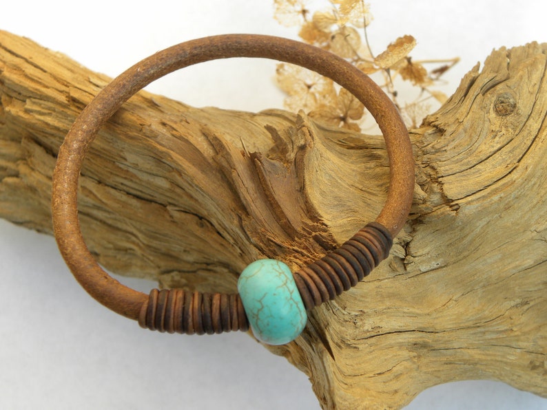 Leather and Turquoise Bangle Bracelet Modern Country Beach Summer Urban image 1