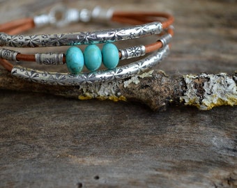 Kingman Turquoise  Bracelet Sterling Silver Natural Brown Leather  Arizona Turquoise Blue Genuine Natural Multiple Strands Bangle