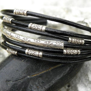 Sterling Silver and Black Leather Bracelet Multiple Strands image 1