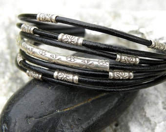 Sterling Silver and Black Leather Bracelet Multiple Strands