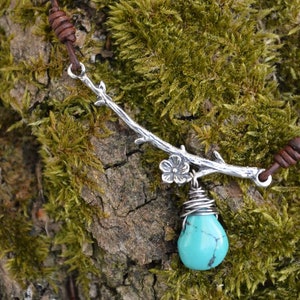 Sterling Silver Natural Turquoise Chocolate Leather Necklace  Artisan Handcrafted Wire Wrapped