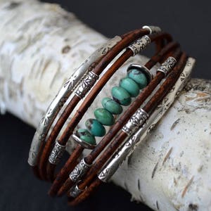 Turquoise Bracelet Chocolate Brown Leather and Sterling Silver Handcrafted Multiple Strands Bangle image 2