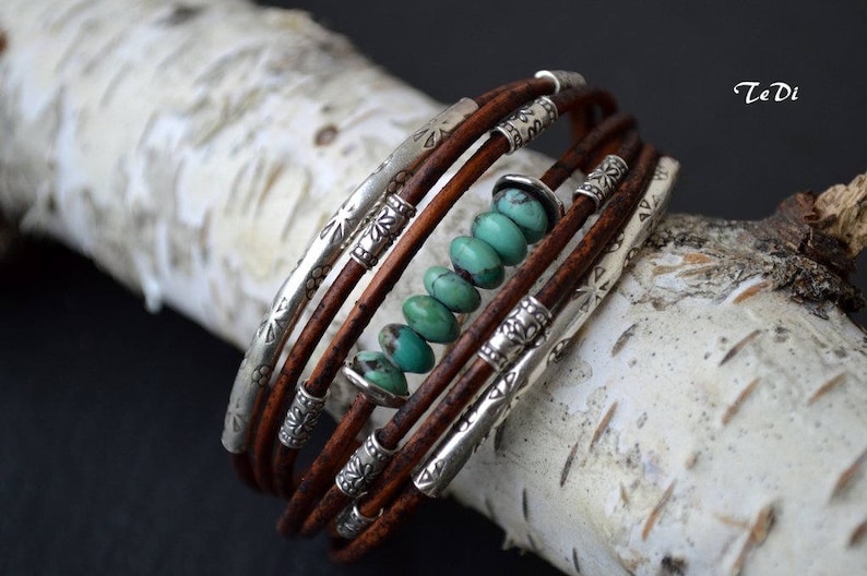 Turquoise Bracelet Chocolate Brown Leather and Sterling Silver Handcrafted Multiple Strands Bangle image 2