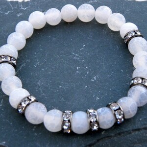 Gemstone Bead Bracelet White Frosted Agate Pave Crystal Elastic Stacking Sterling Silver Black and White image 3