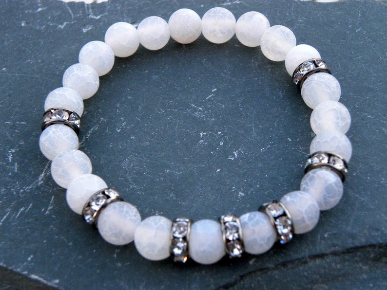 Gemstone Bead Bracelet White Frosted Agate Pave Crystal Elastic Stacking Sterling Silver Black and White image 3