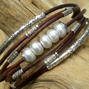 Saltwater Pearls,Leather and Sterling Silver Bracelet image 1