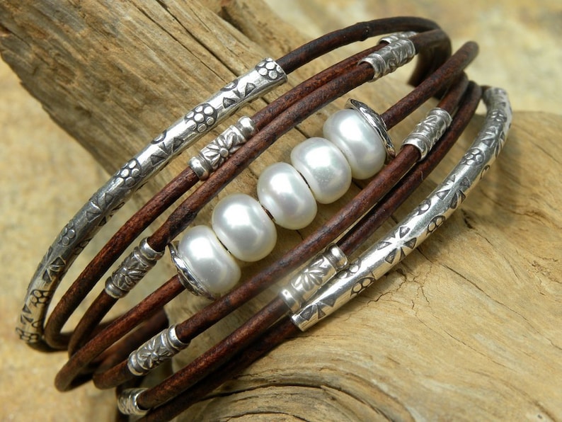 Saltwater Pearls,Leather and Sterling Silver Bracelet image 1