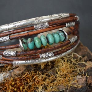 Turquoise Bracelet Chocolate Brown Leather and Sterling Silver Handcrafted Multiple Strands Bangle image 3