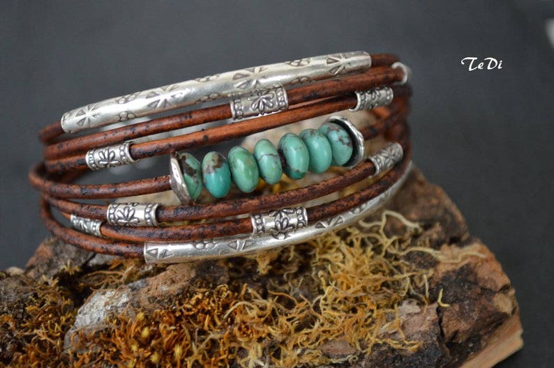 Turquoise Bracelet Chocolate Brown Leather and Sterling Silver Handcrafted Multiple Strands Bangle image 3