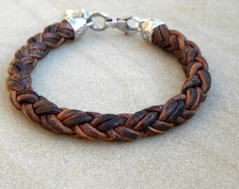 Raw Sterling Silver Leather Bracelet Braided Artisan Unisex Chocolate Black or Brown BOHO Heavy Rugged Organic Men Bracelet