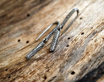 Pave Diamonds Sterling Silver Earrings Long Dangle Unique Modern Elegant