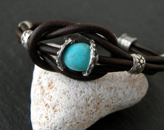 Sterling Silver Leather Bracelet Natural Turquoise Bracelet Artisan OOAK Handcrafted Urban Rustic