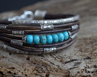 Blue Arizona Turquoise Bracelet Gray Brown Distressed Leather Sterling Silver Handcrafted Multiple Strands Bangle