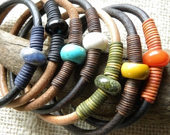 Leather and Gemstone Bangle Stacking Bracelets