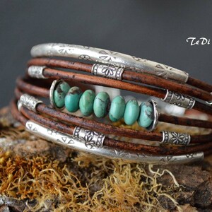 Turquoise Bracelet Chocolate Brown Leather and Sterling Silver Handcrafted Multiple Strands Bangle image 7