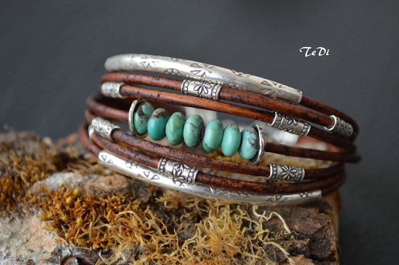 Turquoise Bracelet Chocolate Brown Leather and Sterling Silver Handcrafted Multiple Strands Bangle image 7