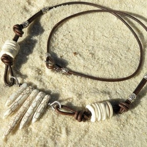Unisex Leather, White Turquoise and Old African Beads Necklace image 1