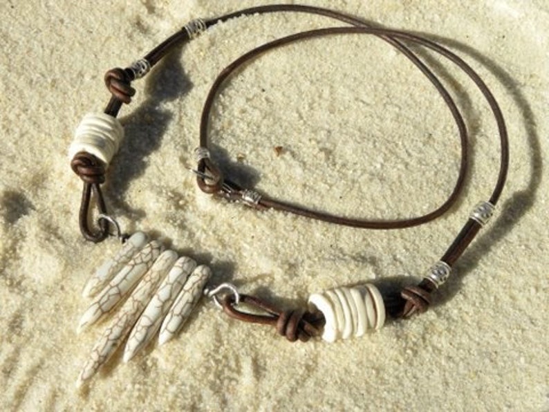 Unisex Leather, White Turquoise and Old African Beads Necklace image 1