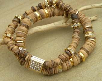 Bracelet Set  Elastic Stacking Gold Lampwork Beads Coconut Pave Crystal