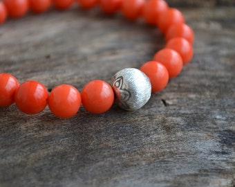 Tangerine Tango Coral and Brushed Sterling Silver Beaded Bracelet Orange Stretch Elastic Stacking