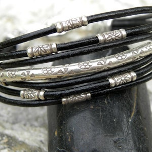 Sterling Silver and Black Leather Bracelet Multiple Strands image 2