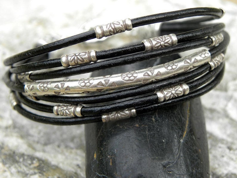 Sterling Silver and Black Leather Bracelet Multiple Strands image 2