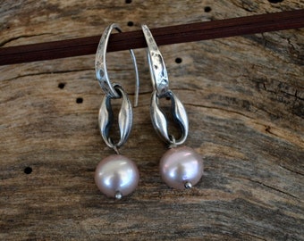 Taupe Pink Pearls and Sterling Silver Earrings Urban Modern Contemporary Textured Organic