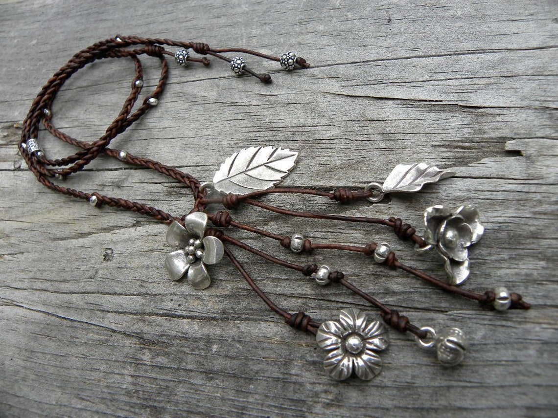 Sterling Silver Macrame Chocolate Leather Flower Charm Long Etsy