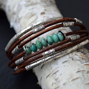 Turquoise Bracelet Chocolate Brown Leather and Sterling Silver Handcrafted Multiple Strands Bangle image 4