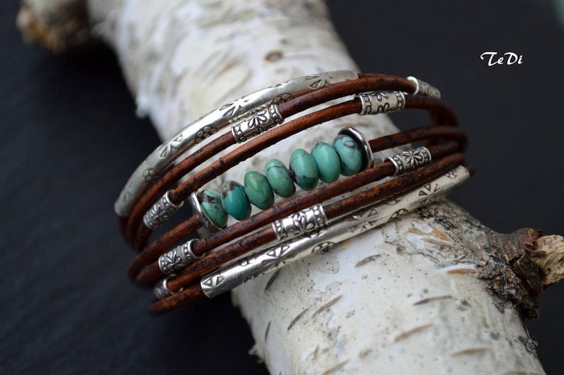 Turquoise Bracelet Chocolate Brown Leather and Sterling Silver Handcrafted Multiple Strands Bangle image 4