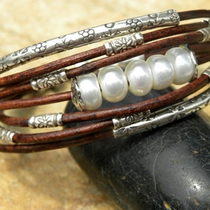 Saltwater Pearls,Leather and Sterling Silver Bracelet image 5