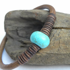 Leather and Turquoise Bangle Bracelet Modern Country Beach Summer Urban image 3