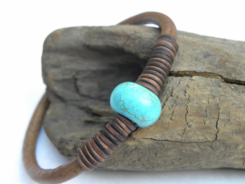 Leather and Turquoise Bangle Bracelet Modern Country Beach Summer Urban image 3