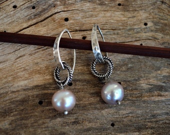 Taupe Pink Pearls and Sterling Silver Earrings Urban Modern Contemporary Textured Organic